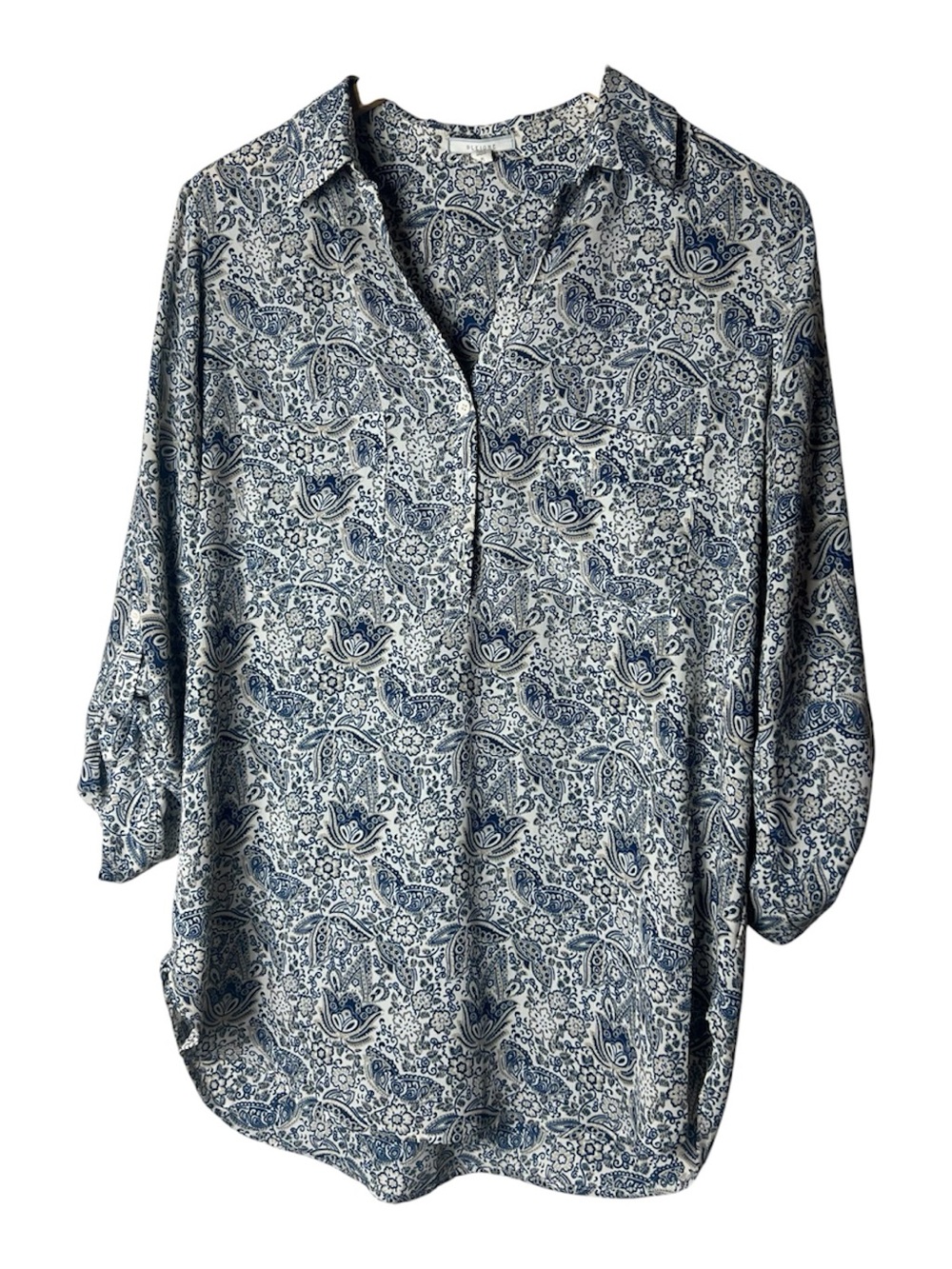 Nordstrom Pleione Blue & Cream Paisley Button-Down Blouse Medium Women’s